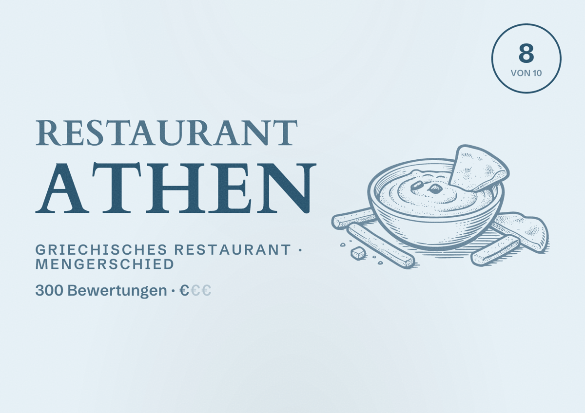 Illustriertes Poster von Restaurant Athen, Griechisches Restaurant in Mengerschied: Bewertung 8 von 10 aus 300 Bewertungen, Preisniveau €