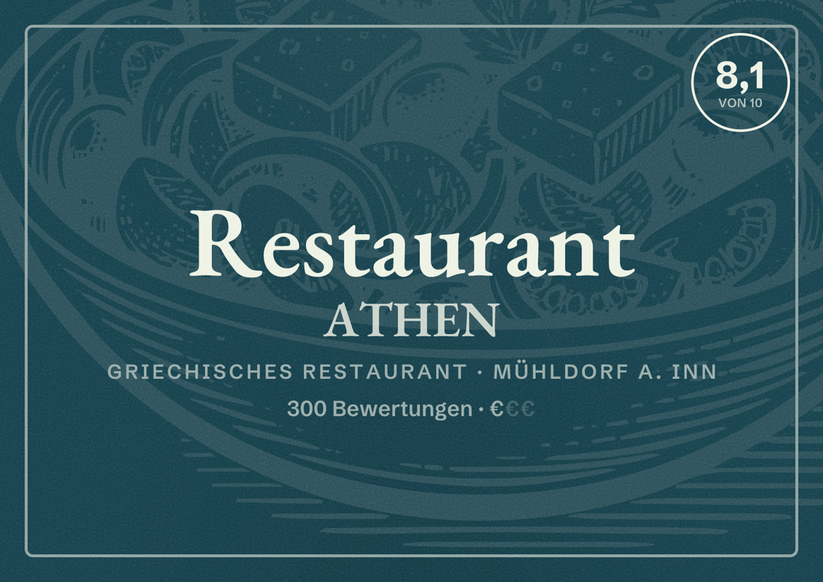 Illustriertes Poster von Restaurant ATHEN, Griechisches Restaurant in Mühldorf a. Inn: Bewertung 8,1 von 10 aus 300 Bewertungen, Preisniveau €