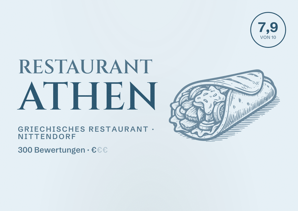 Illustriertes Poster von Restaurant Athen, Griechisches Restaurant in Nittendorf: Bewertung 7,9 von 10 aus 300 Bewertungen, Preisniveau €