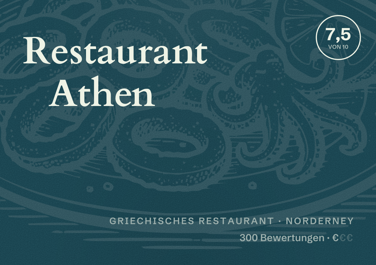Illustriertes Poster von Restaurant Athen, Griechisches Restaurant in Norderney: Bewertung 7,5 von 10 aus 300 Bewertungen, Preisniveau €