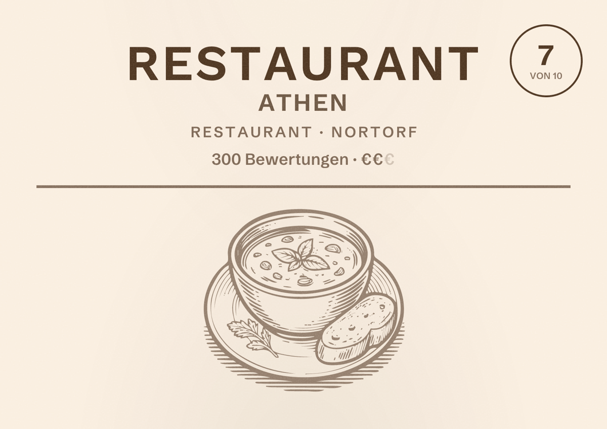 Illustriertes Poster von Restaurant Athen, Restaurant in Nortorf: Bewertung 7 von 10 aus 300 Bewertungen, Preisniveau €€