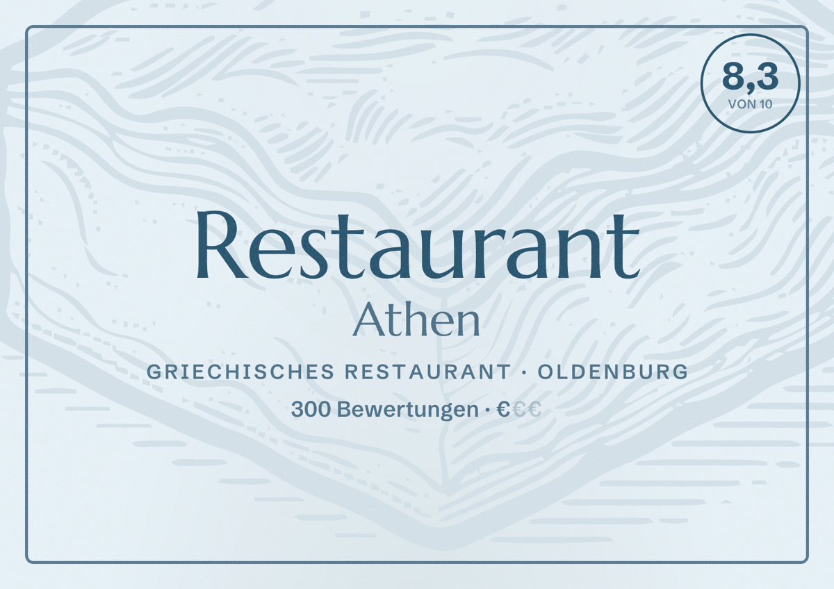 Illustriertes Poster von Restaurant Athen, Griechisches Restaurant in Oldenburg: Bewertung 8,3 von 10 aus 300 Bewertungen, Preisniveau €