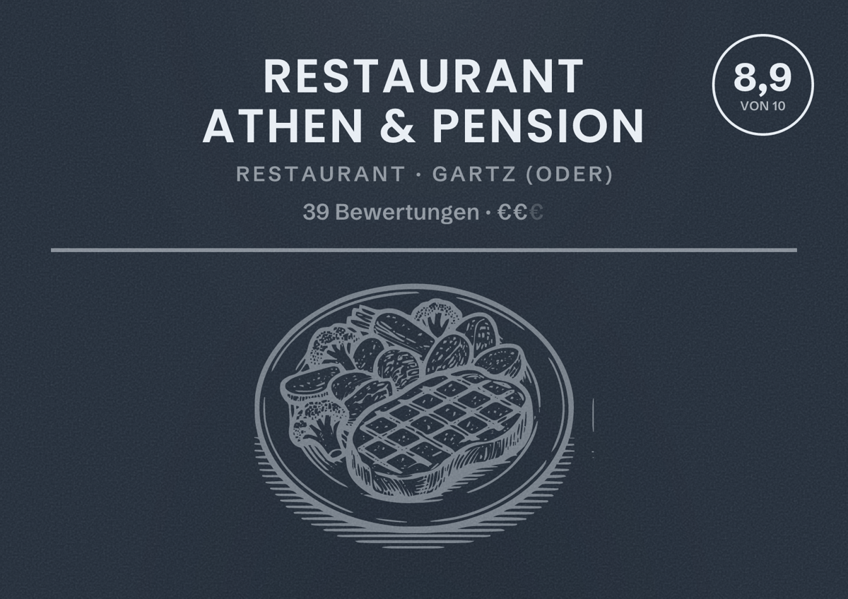 Illustriertes Poster von Restaurant Athen & Pension, Restaurant in Gartz (Oder): Bewertung 8,9 von 10 aus 39 Bewertungen, Preisniveau €€