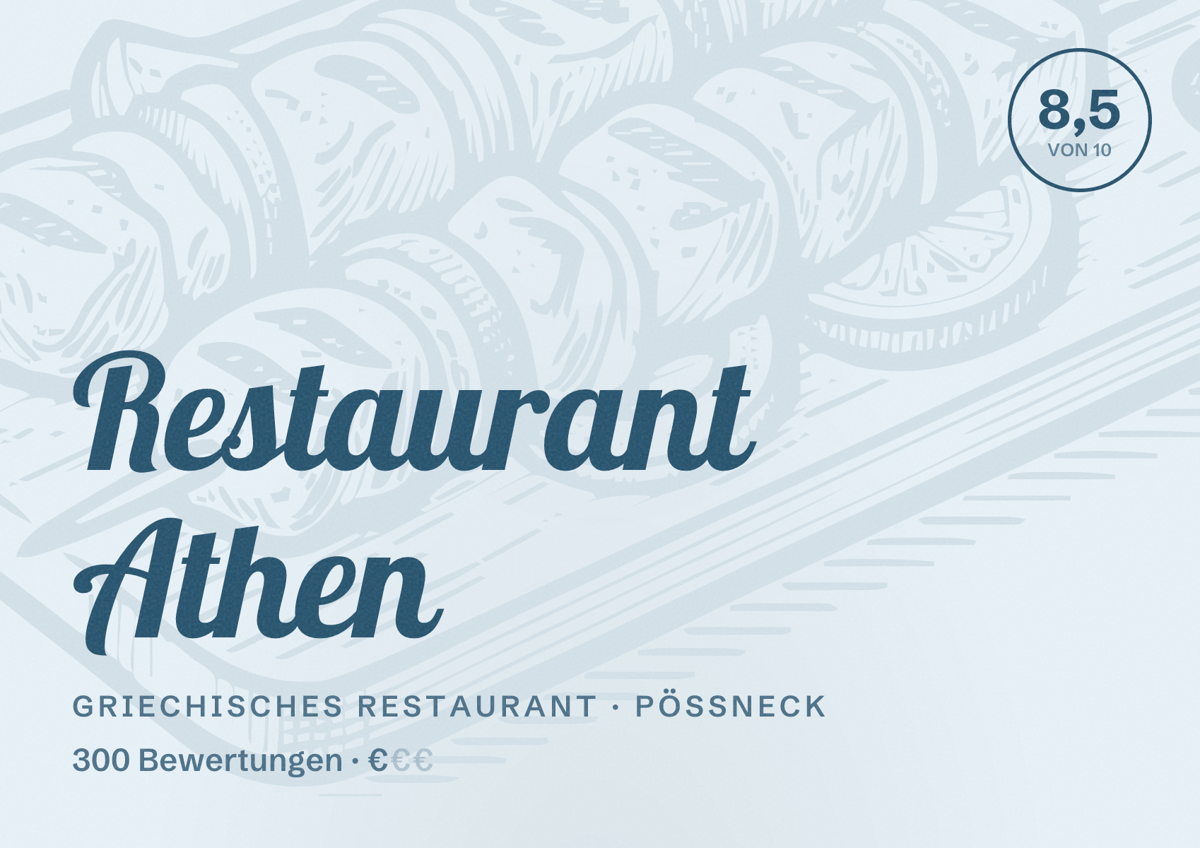 Illustriertes Poster von Restaurant Athen, Griechisches Restaurant in Pößneck: Bewertung 8,5 von 10 aus 300 Bewertungen, Preisniveau €