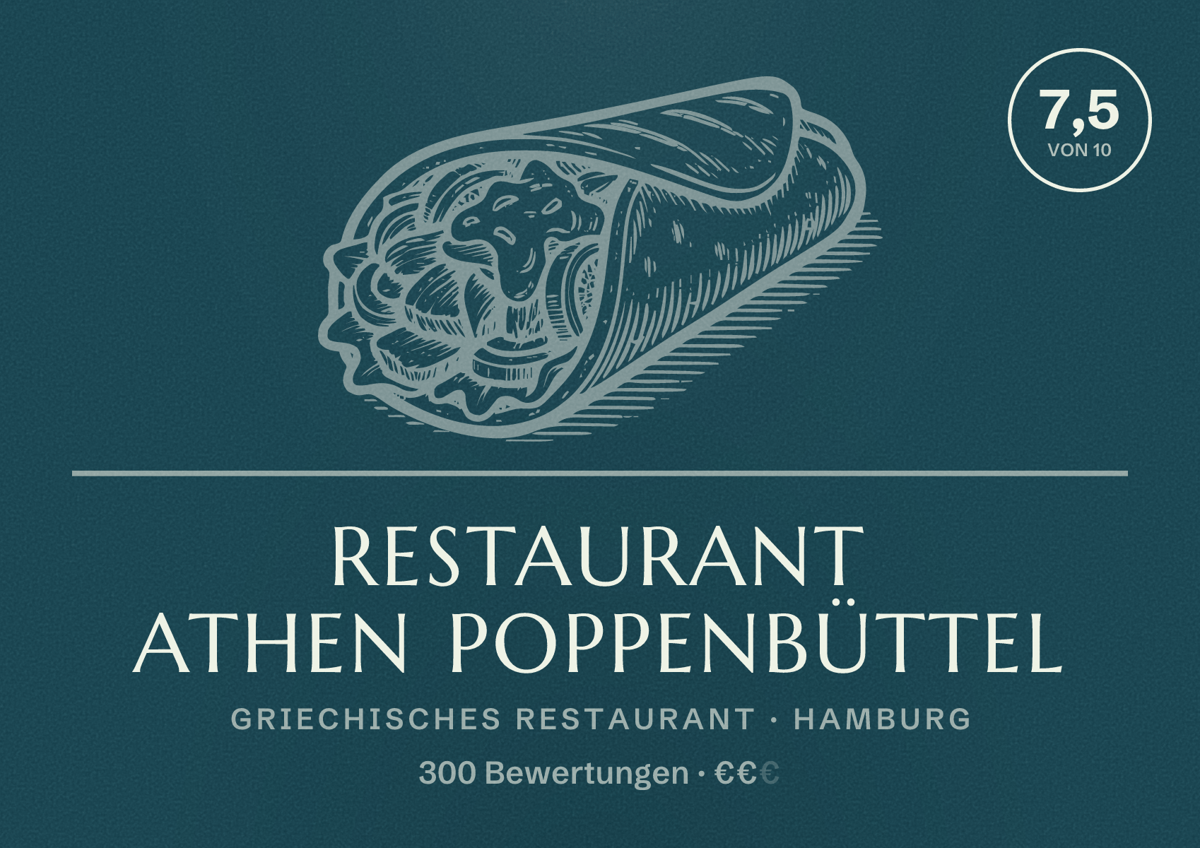 Illustriertes Poster von Restaurant Athen Poppenbüttel, Griechisches Restaurant in Hamburg: Bewertung 7,5 von 10 aus 300 Bewertungen, Preisniveau €€