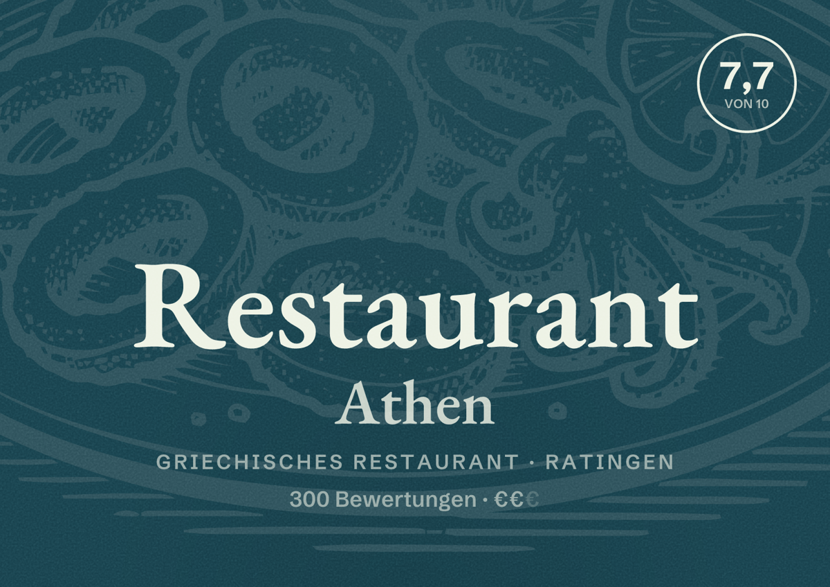 Illustriertes Poster von Restaurant Athen, Griechisches Restaurant in Ratingen: Bewertung 7,7 von 10 aus 300 Bewertungen, Preisniveau €€