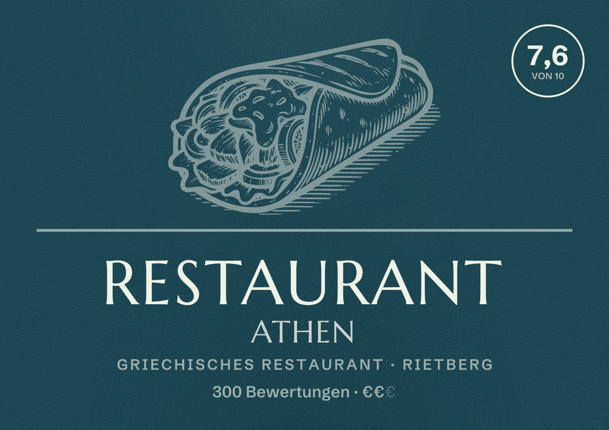 Illustriertes Poster von Restaurant Athen, Griechisches Restaurant in Rietberg: Bewertung 7,6 von 10 aus 300 Bewertungen, Preisniveau €€