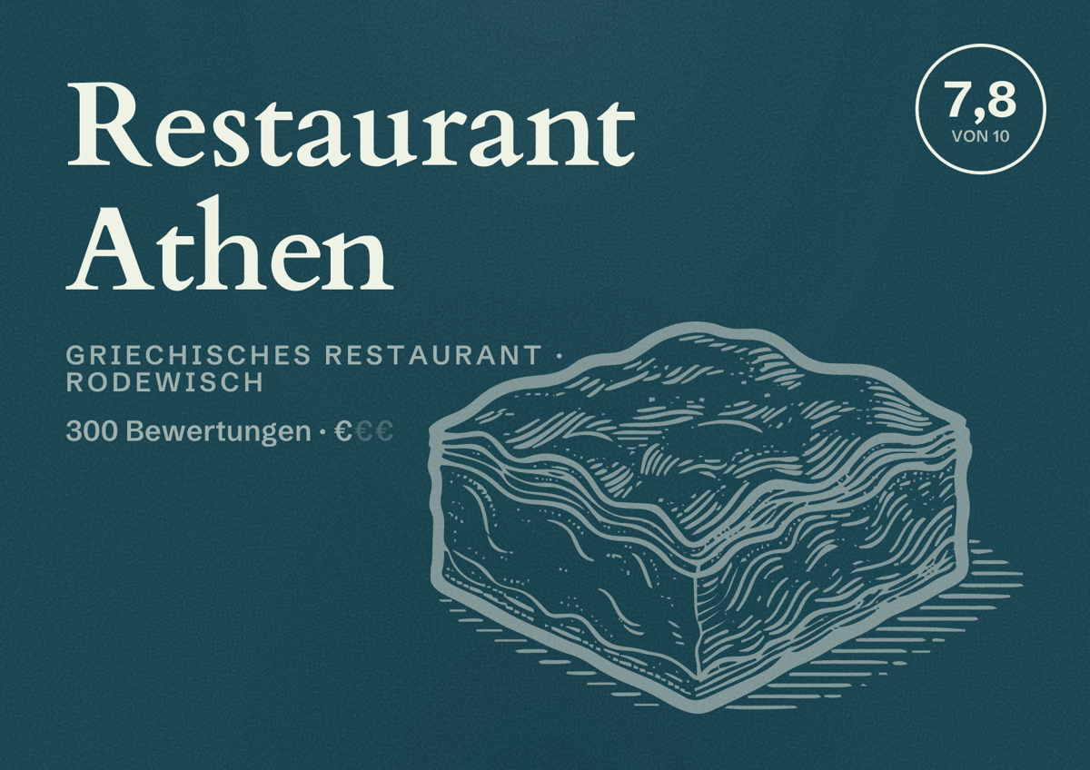 Illustriertes Poster von Restaurant Athen, Griechisches Restaurant in Rodewisch: Bewertung 7,8 von 10 aus 300 Bewertungen, Preisniveau €