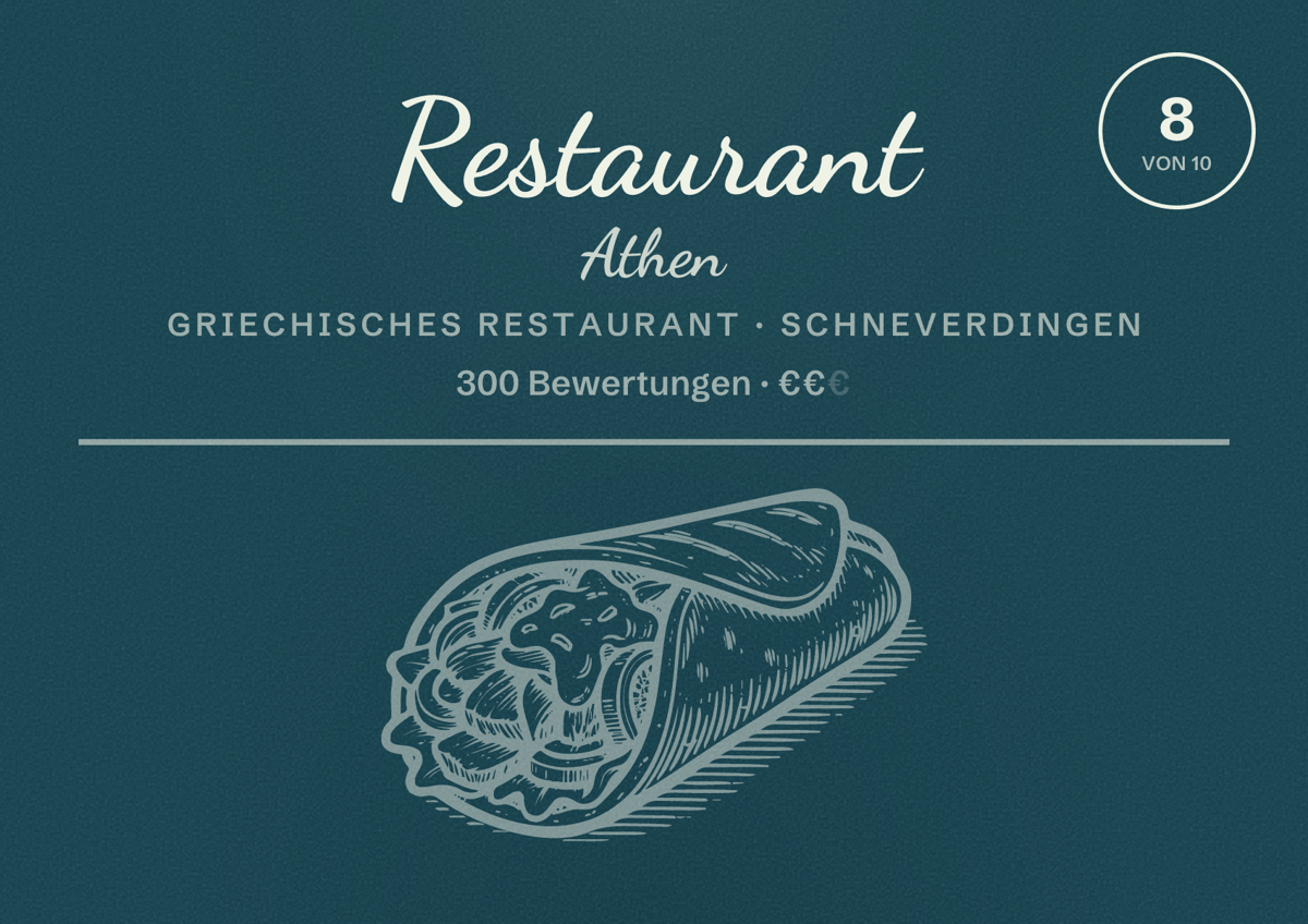 Illustriertes Poster von Restaurant Athen, Griechisches Restaurant in Schneverdingen: Bewertung 8 von 10 aus 300 Bewertungen, Preisniveau €€