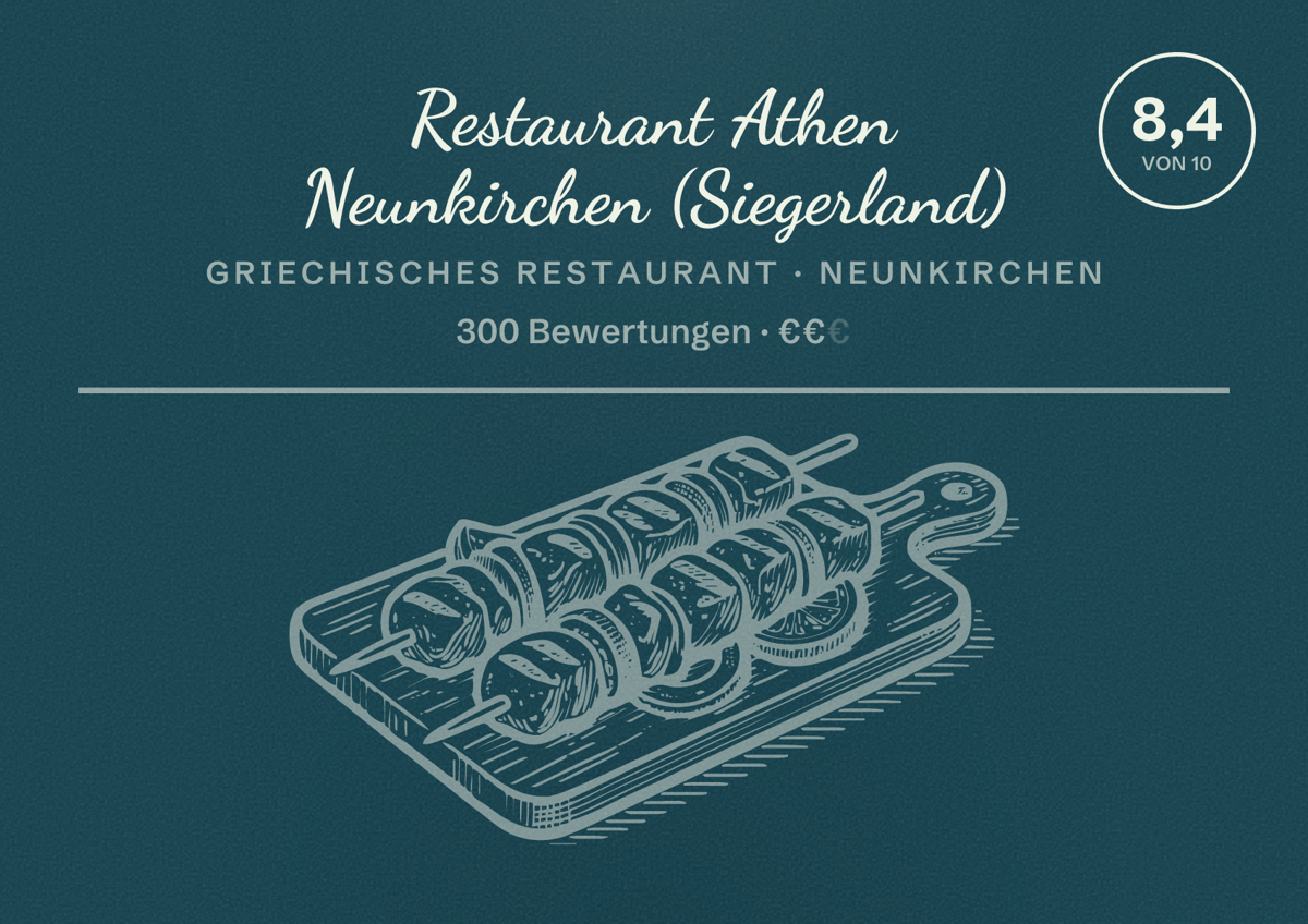 Illustriertes Poster von Restaurant Athen Neunkirchen (Siegerland), Griechisches Restaurant in Neunkirchen: Bewertung 8,4 von 10 aus 300 Bewertungen, Preisniveau €€