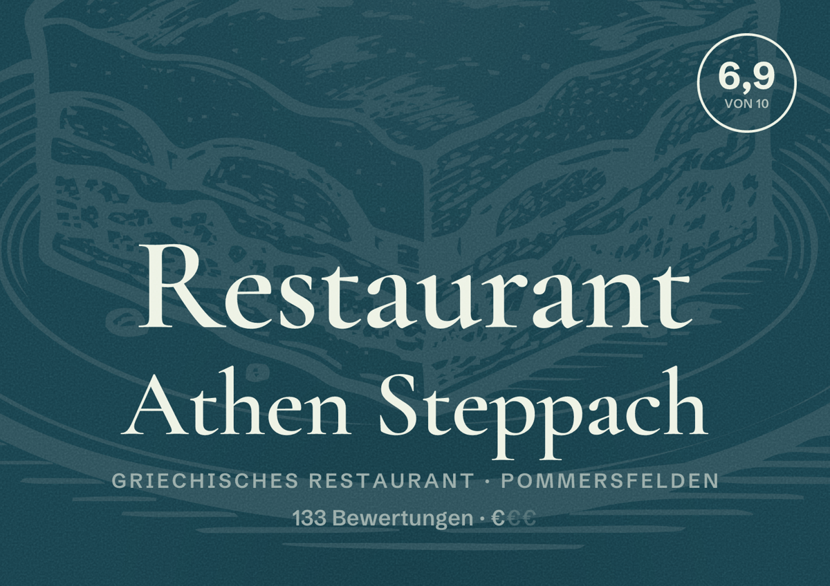 Illustriertes Poster von Restaurant Athen Steppach, Griechisches Restaurant in Pommersfelden: Bewertung 6,9 von 10 aus 133 Bewertungen, Preisniveau €