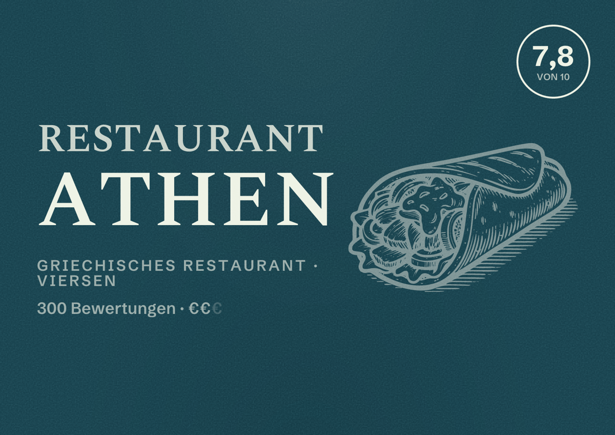 Illustriertes Poster von Restaurant Athen, Griechisches Restaurant in Viersen: Bewertung 7,8 von 10 aus 300 Bewertungen, Preisniveau €€