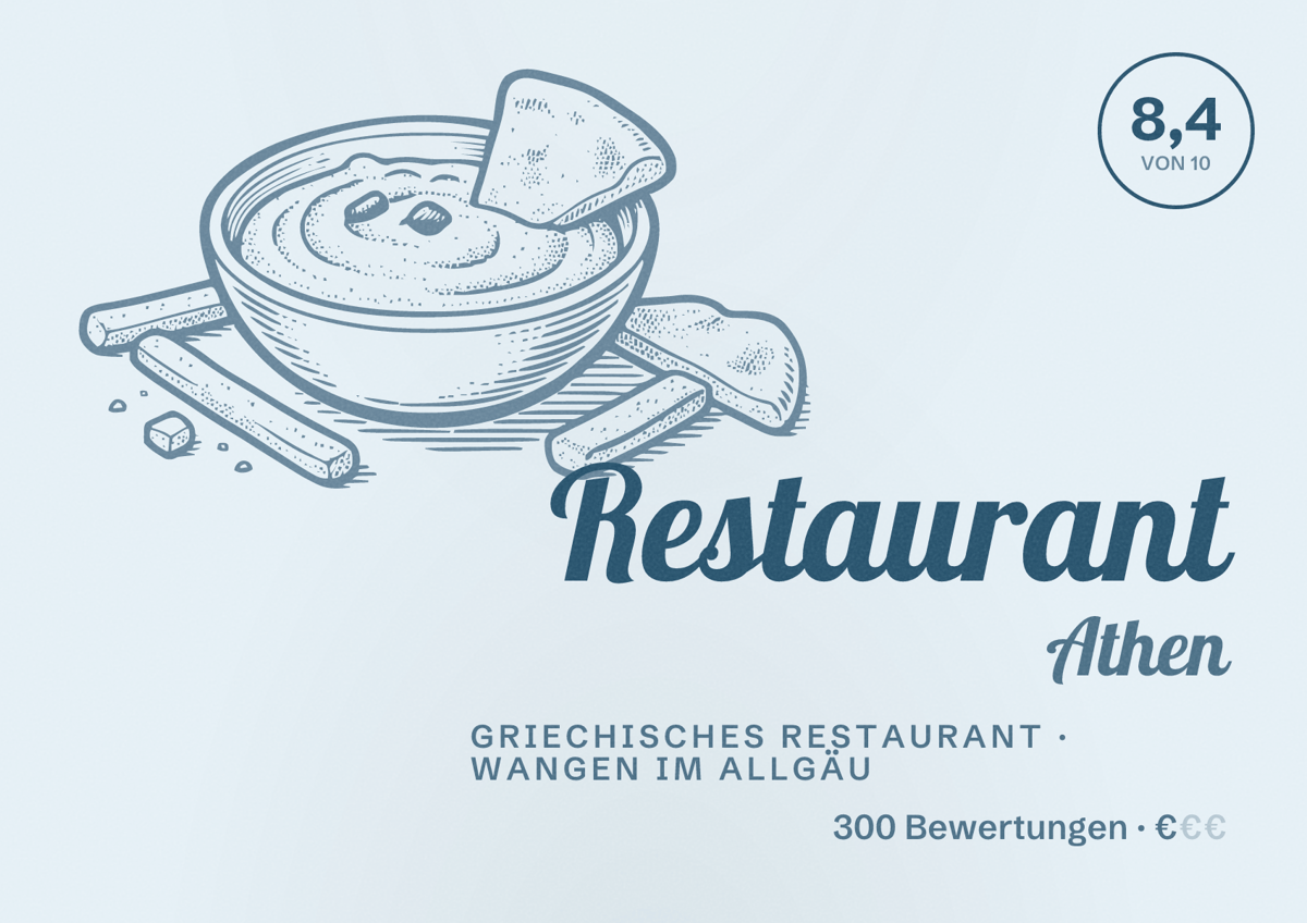 Illustriertes Poster von Restaurant Athen, Griechisches Restaurant in Wangen im Allgäu: Bewertung 8,4 von 10 aus 300 Bewertungen, Preisniveau €