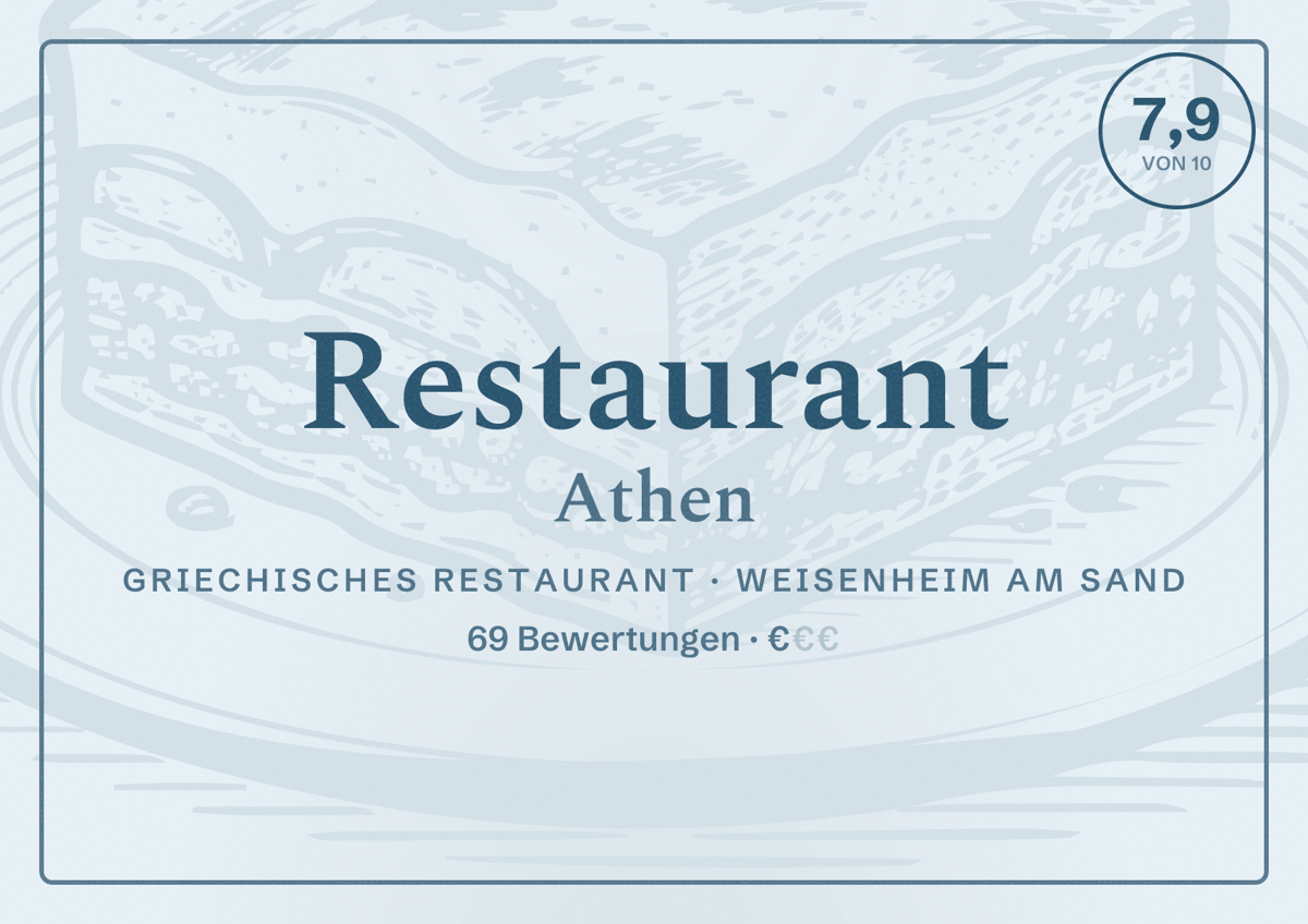 Illustriertes Poster von Restaurant Athen, Griechisches Restaurant in Weisenheim am Sand: Bewertung 7,9 von 10 aus 69 Bewertungen, Preisniveau €