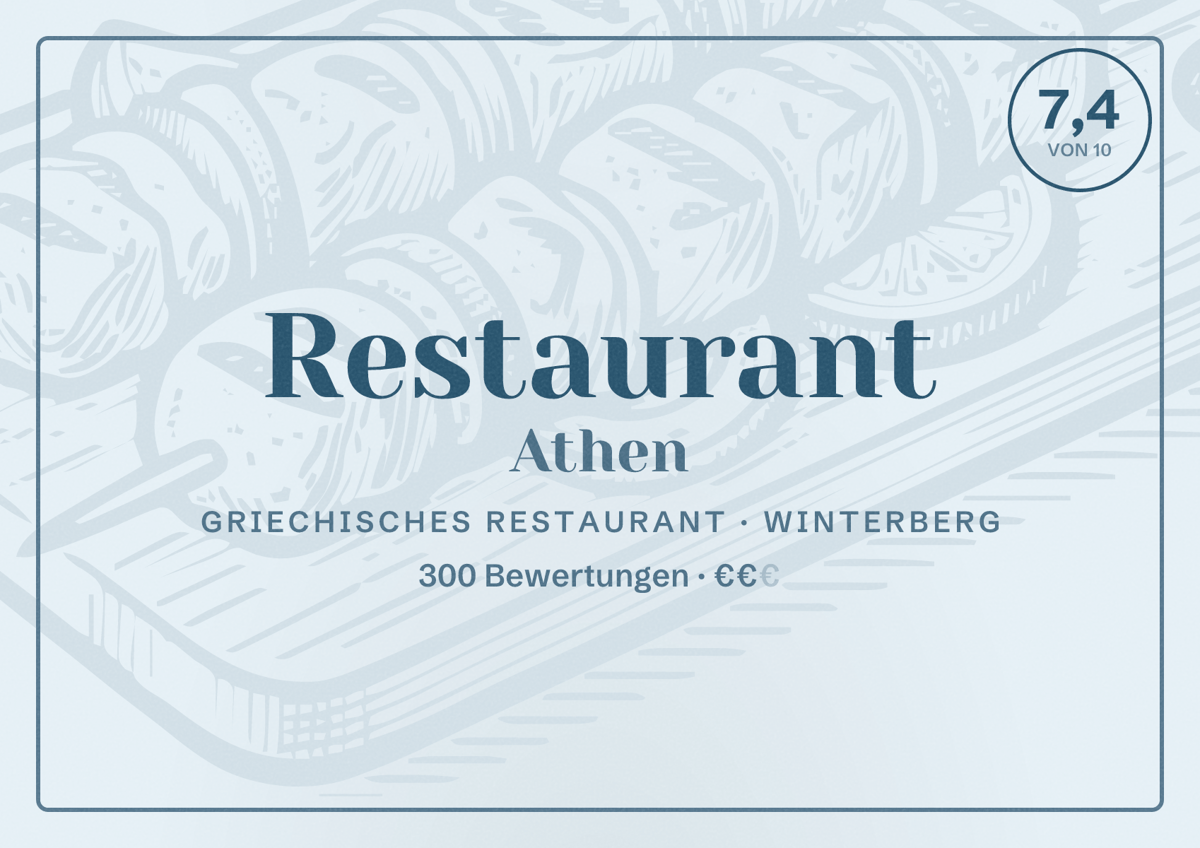 Illustriertes Poster von Restaurant Athen, Griechisches Restaurant in Winterberg: Bewertung 7,4 von 10 aus 300 Bewertungen, Preisniveau €€