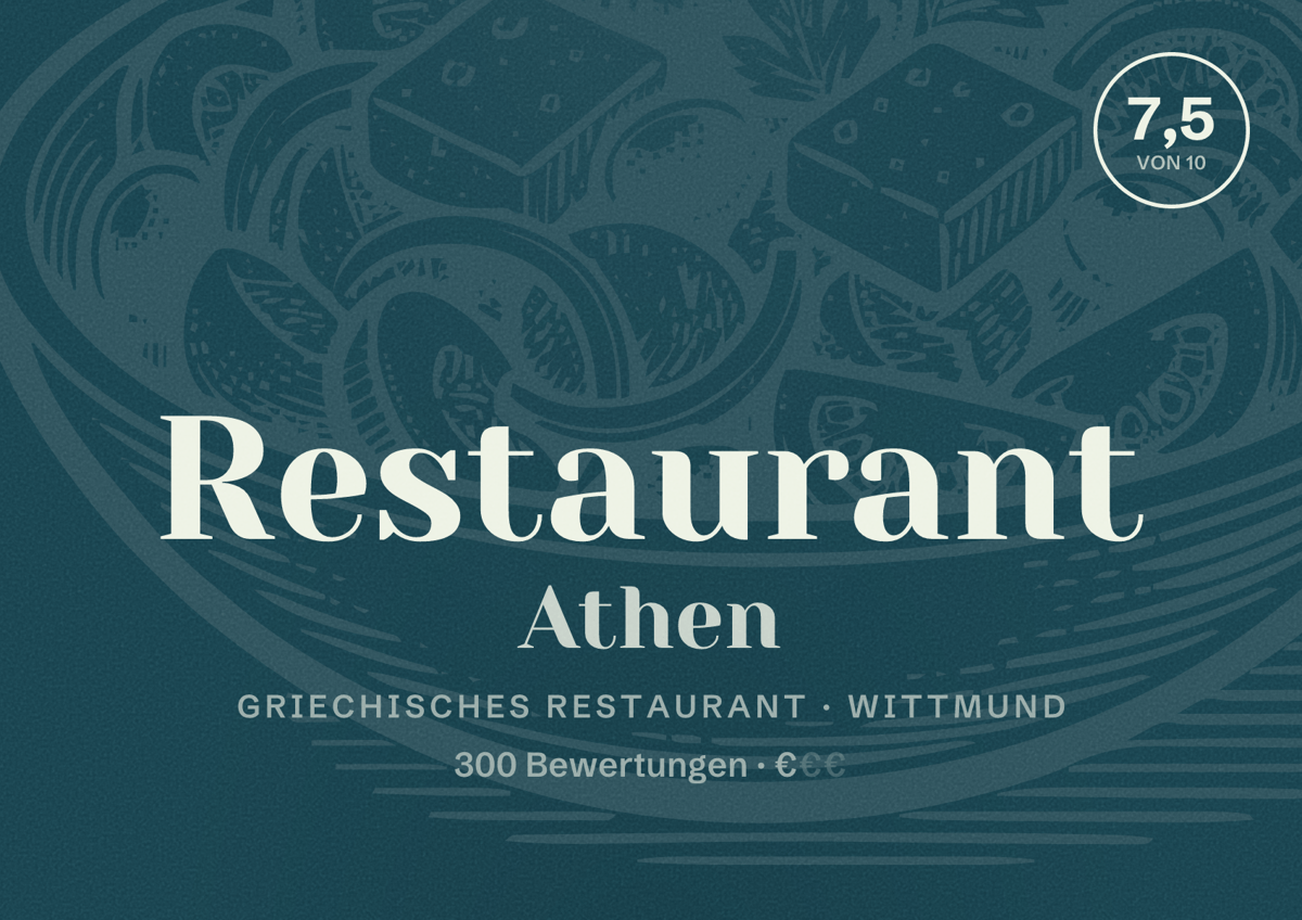 Illustriertes Poster von Restaurant Athen, Griechisches Restaurant in Wittmund: Bewertung 7,5 von 10 aus 300 Bewertungen, Preisniveau €
