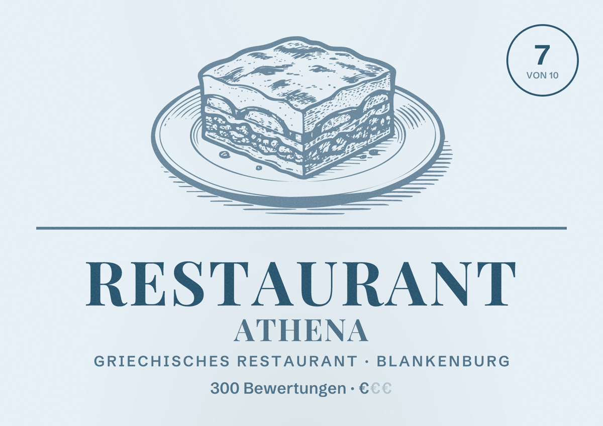 Illustriertes Poster von Restaurant Athena, Griechisches Restaurant in Blankenburg: Bewertung 7 von 10 aus 300 Bewertungen, Preisniveau €