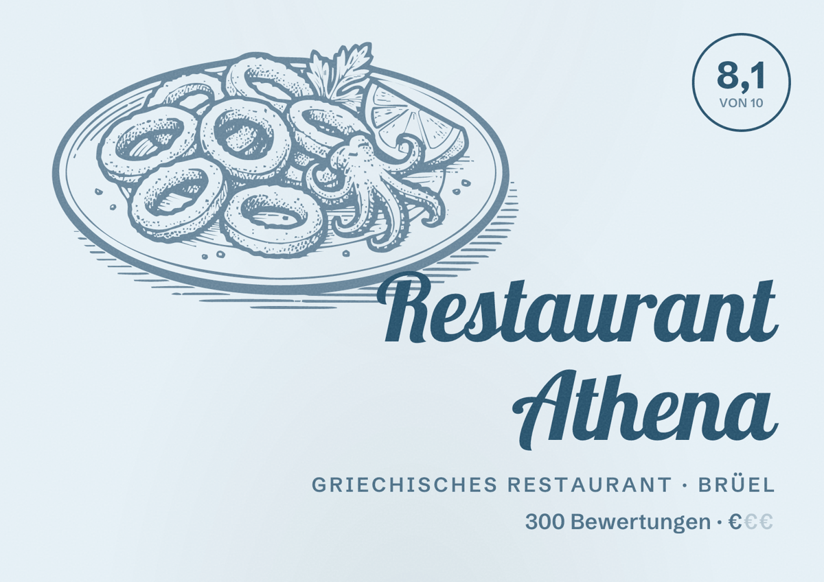 Illustriertes Poster von Restaurant Athena, Griechisches Restaurant in Brüel: Bewertung 8,1 von 10 aus 300 Bewertungen, Preisniveau €