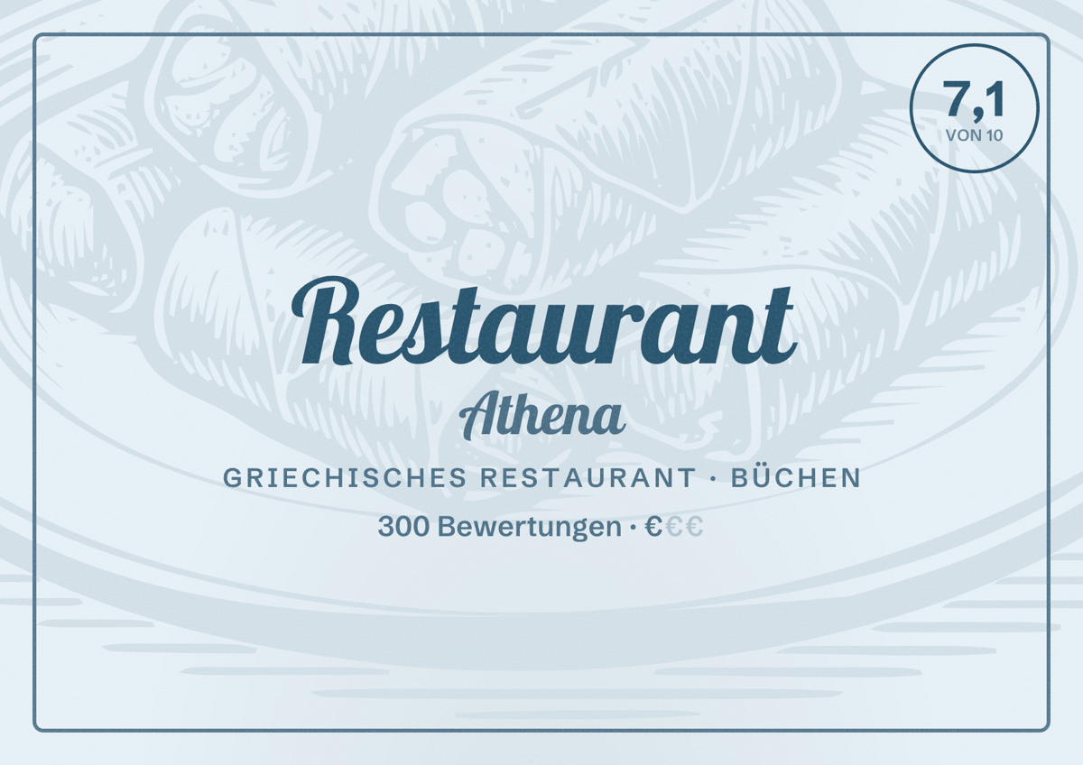 Illustriertes Poster von Restaurant Athena, Griechisches Restaurant in Büchen: Bewertung 7,1 von 10 aus 300 Bewertungen, Preisniveau €