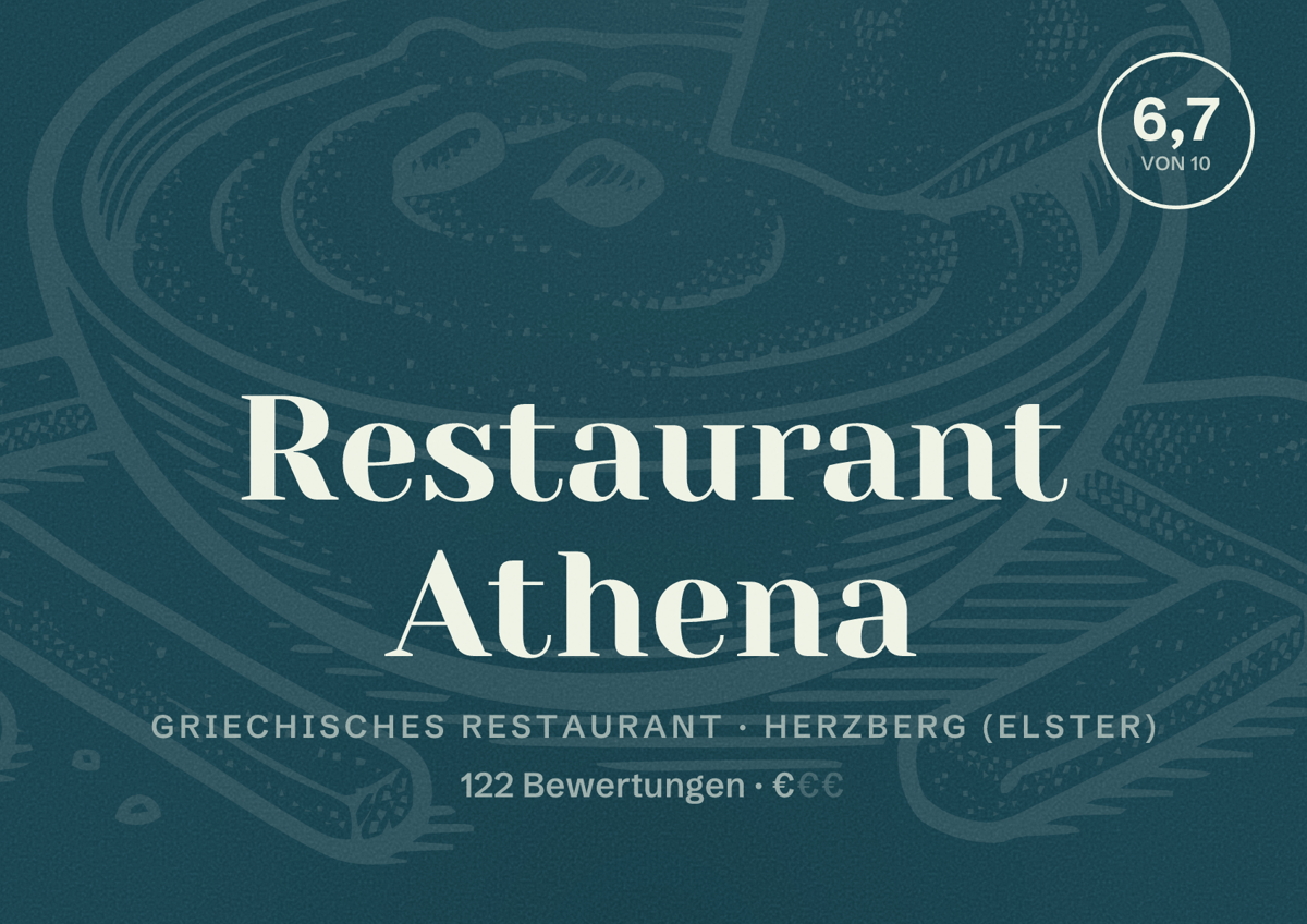 Illustriertes Poster von Restaurant Athena, Griechisches Restaurant in Herzberg (Elster): Bewertung 6,7 von 10 aus 122 Bewertungen, Preisniveau €