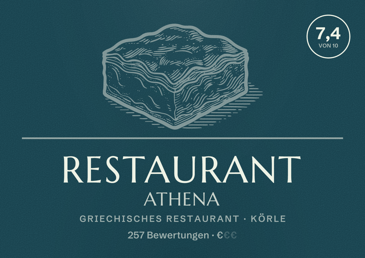 Illustriertes Poster von Restaurant Athena, Griechisches Restaurant in Körle: Bewertung 7,4 von 10 aus 257 Bewertungen, Preisniveau €