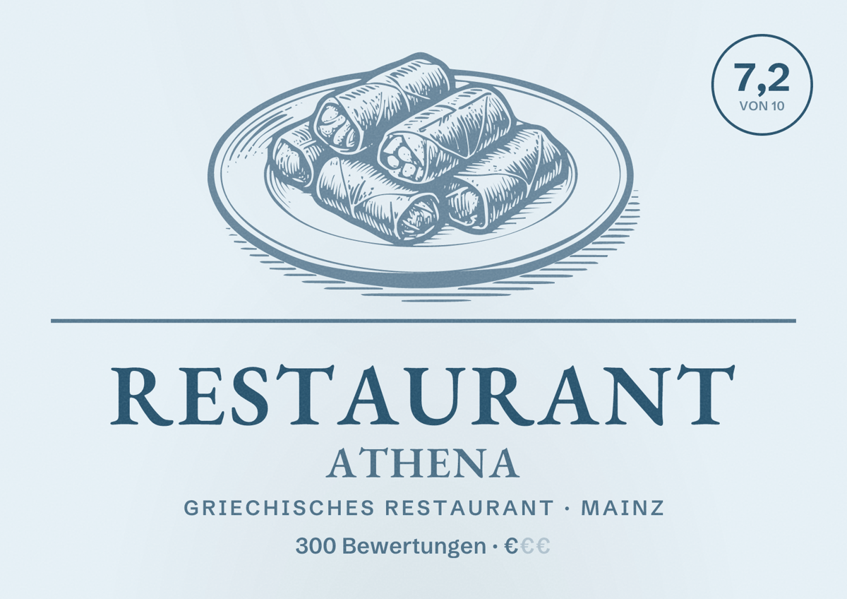 Illustriertes Poster von Restaurant Athena, Griechisches Restaurant in Mainz: Bewertung 7,2 von 10 aus 300 Bewertungen, Preisniveau €