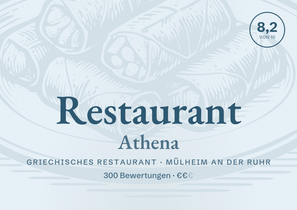 Illustriertes Poster von Restaurant Athena, Griechisches Restaurant in Mülheim an der Ruhr: Bewertung 8,2 von 10 aus 300 Bewertungen, Preisniveau €€