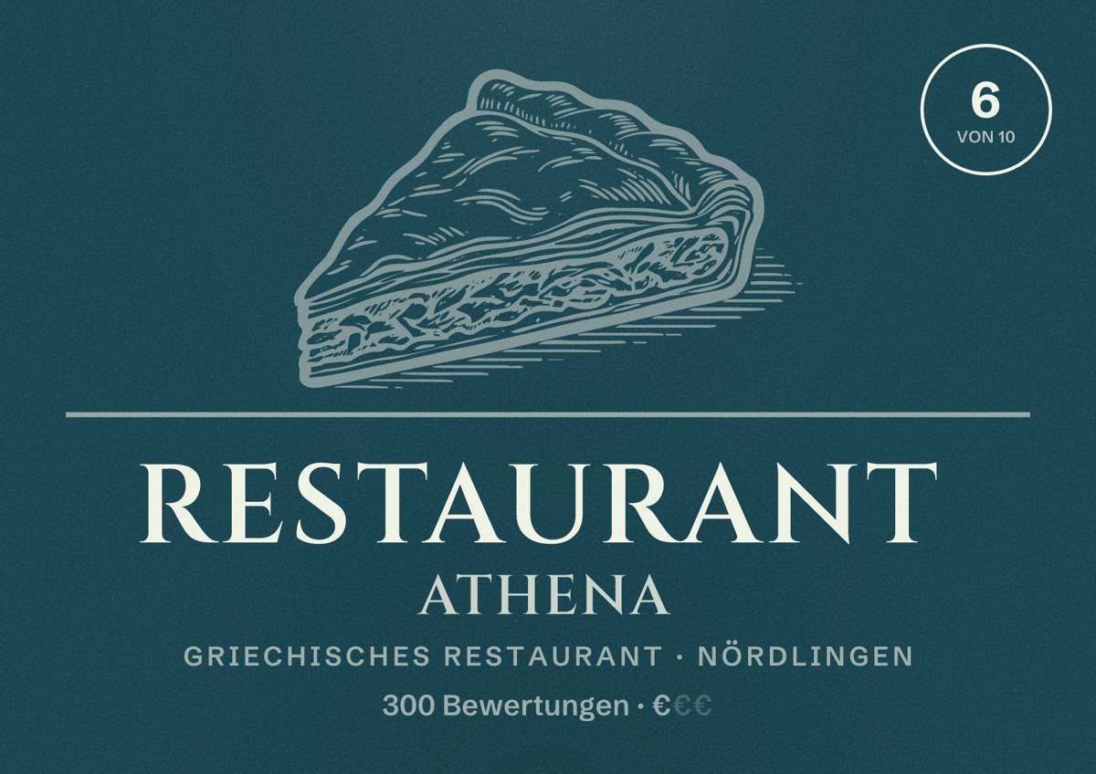 Illustriertes Poster von Restaurant Athena, Griechisches Restaurant in Nördlingen: Bewertung 6 von 10 aus 300 Bewertungen, Preisniveau €