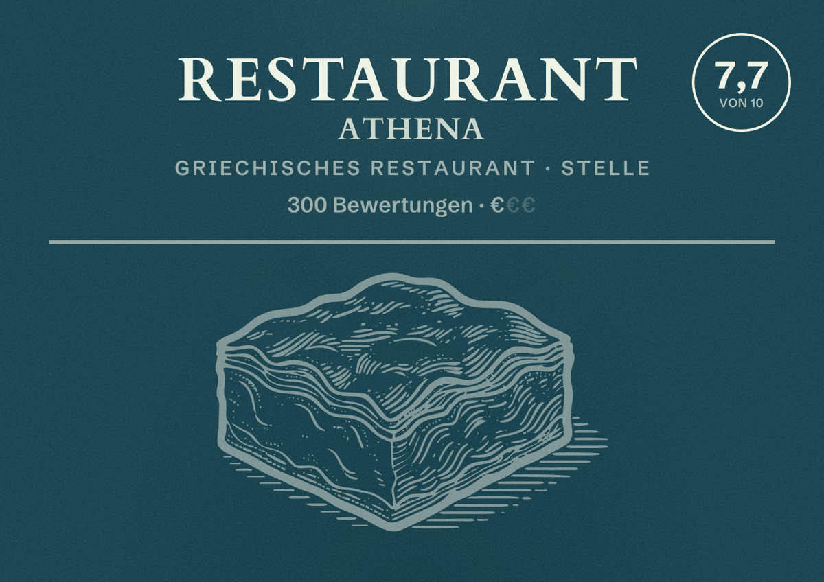 Illustriertes Poster von Restaurant Athena, Griechisches Restaurant in Stelle: Bewertung 7,7 von 10 aus 300 Bewertungen, Preisniveau €