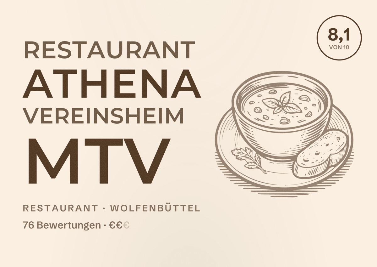 Illustriertes Poster von Restaurant Athena Vereinsheim MTV, Restaurant in Wolfenbüttel: Bewertung 8,1 von 10 aus 76 Bewertungen, Preisniveau €€