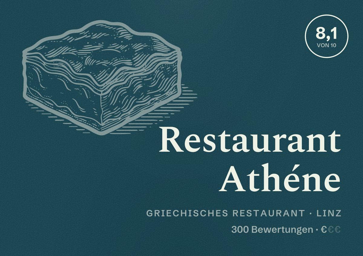 Illustriertes Poster von Restaurant Athéne, Griechisches Restaurant in Linz: Bewertung 8,1 von 10 aus 300 Bewertungen, Preisniveau €