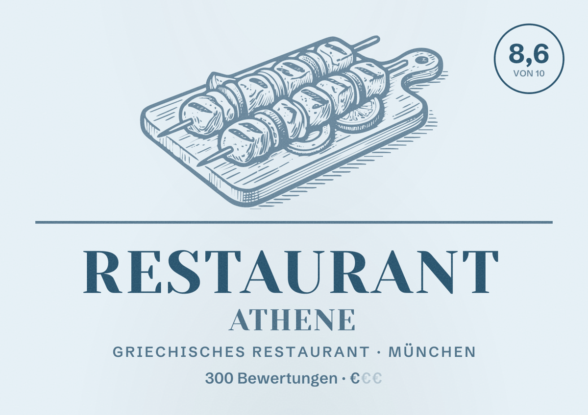Illustriertes Poster von Restaurant Athene, Griechisches Restaurant in München: Bewertung 8,6 von 10 aus 300 Bewertungen, Preisniveau €