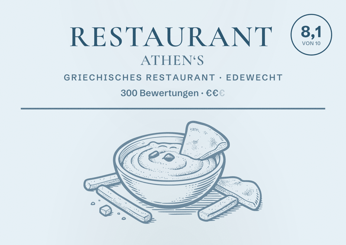 Illustriertes Poster von Restaurant Athen‘s, Griechisches Restaurant in Edewecht: Bewertung 8,1 von 10 aus 300 Bewertungen, Preisniveau €€