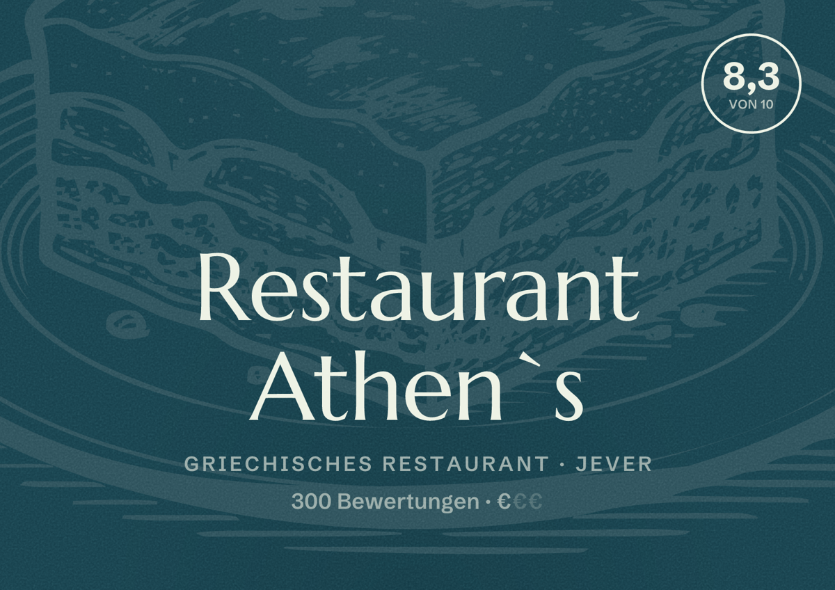 Illustriertes Poster von Restaurant Athen`s, Griechisches Restaurant in Jever: Bewertung 8,3 von 10 aus 300 Bewertungen, Preisniveau €