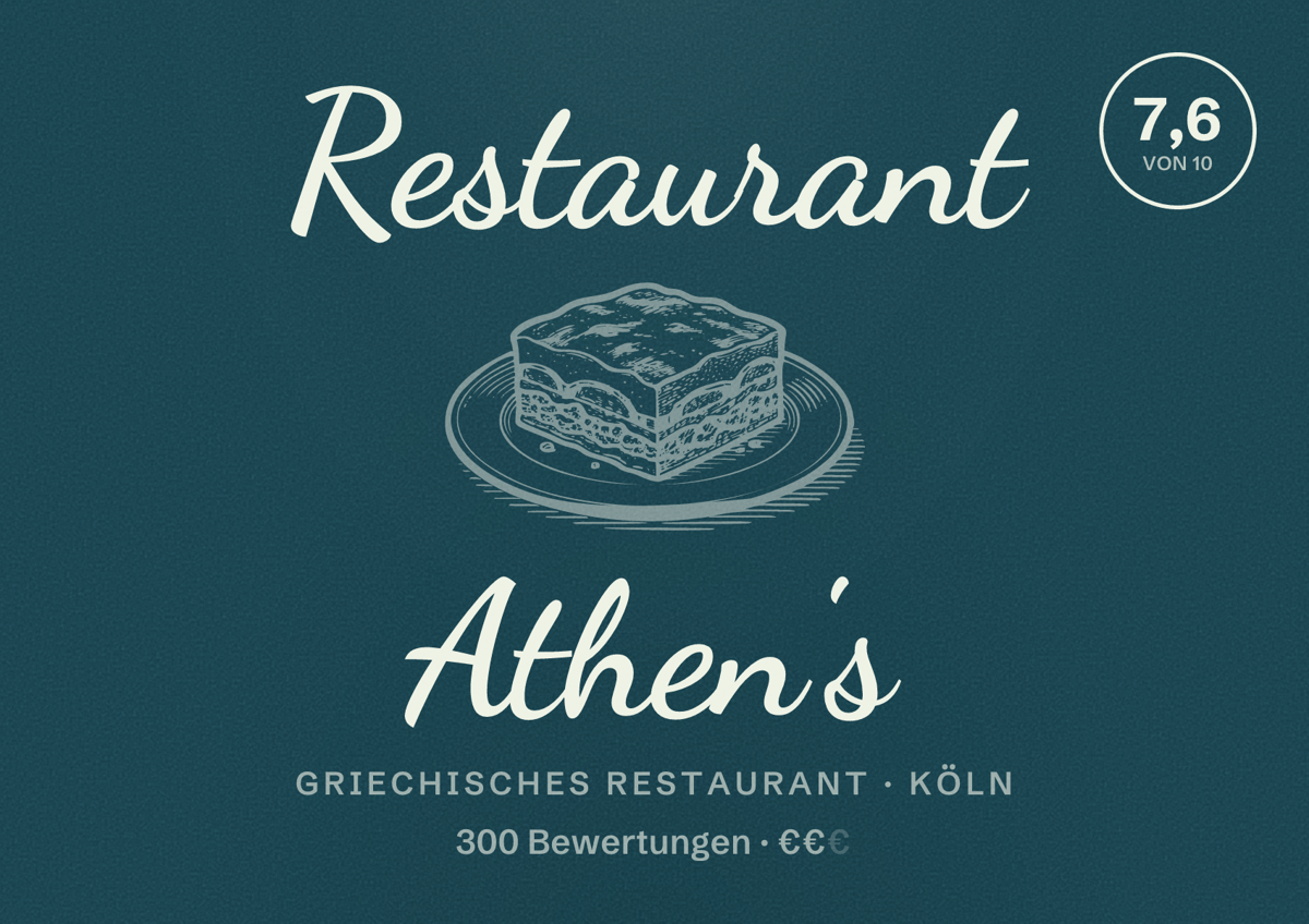 Illustriertes Poster von Restaurant Athen's, Griechisches Restaurant in Köln: Bewertung 7,6 von 10 aus 300 Bewertungen, Preisniveau €€