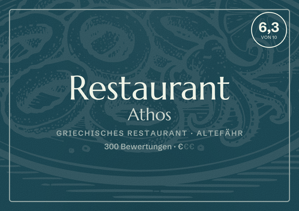Illustriertes Poster von Restaurant Athos, Griechisches Restaurant in Altefähr: Bewertung 6,3 von 10 aus 300 Bewertungen, Preisniveau €