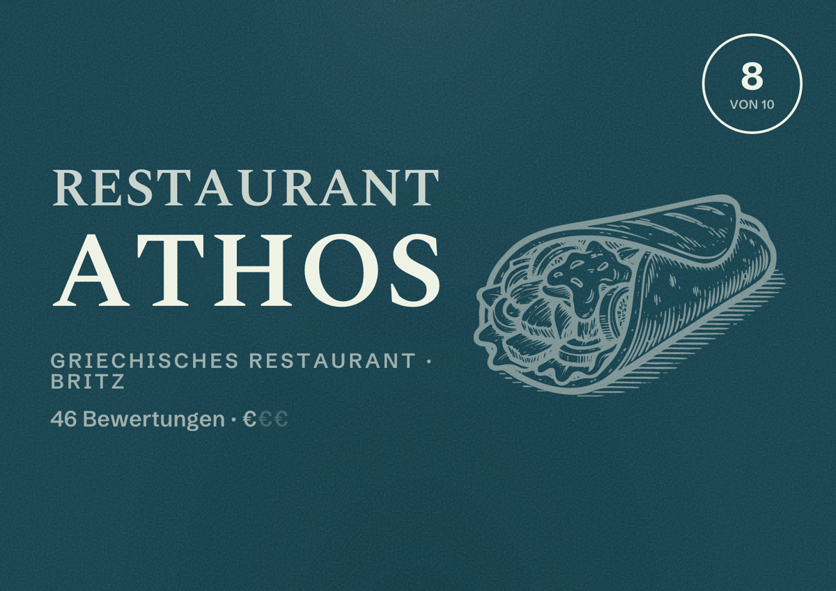 Illustriertes Poster von Restaurant Athos, Griechisches Restaurant in Britz: Bewertung 8 von 10 aus 46 Bewertungen, Preisniveau €