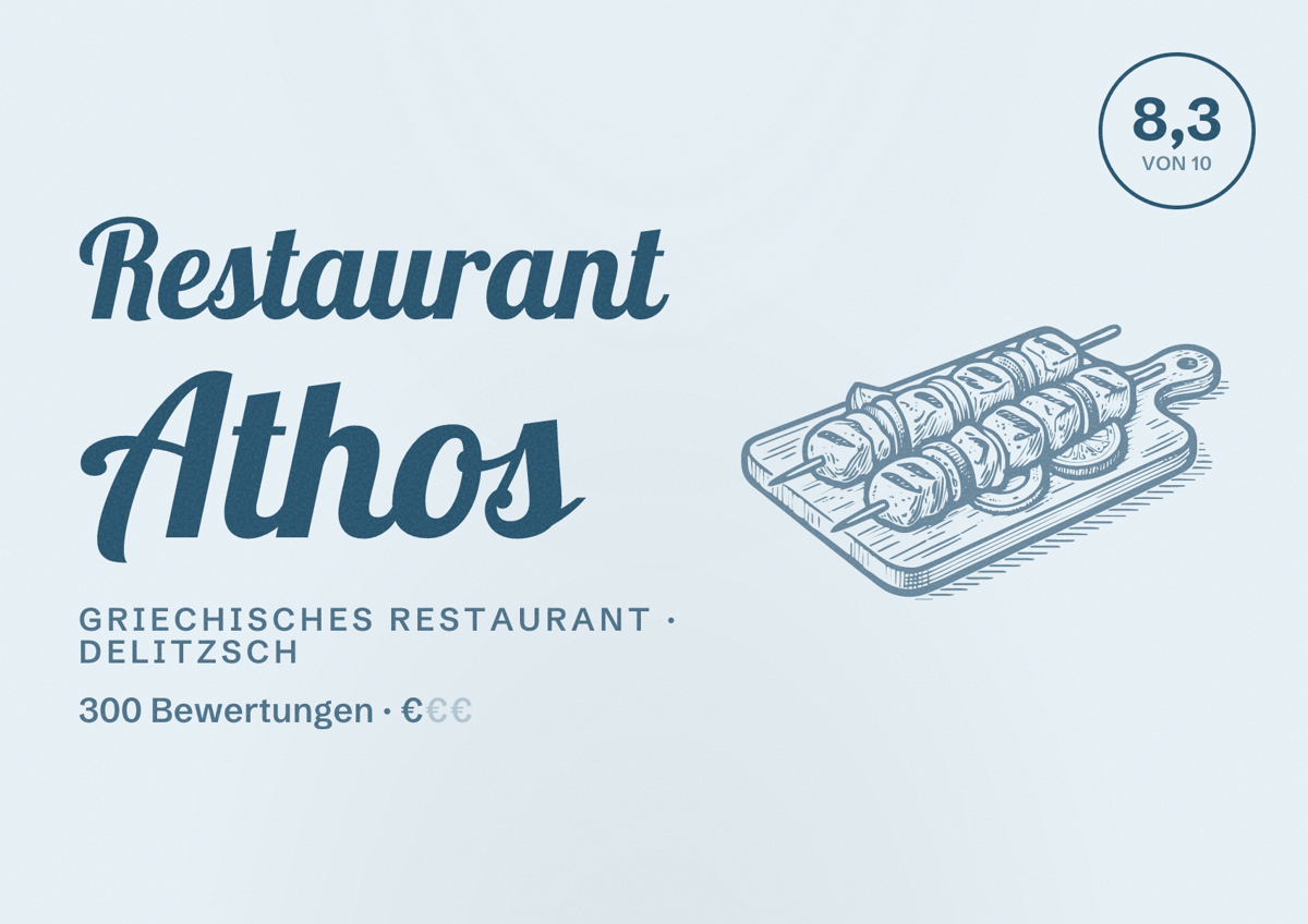 Illustriertes Poster von Restaurant Athos, Griechisches Restaurant in Delitzsch: Bewertung 8,3 von 10 aus 300 Bewertungen, Preisniveau €
