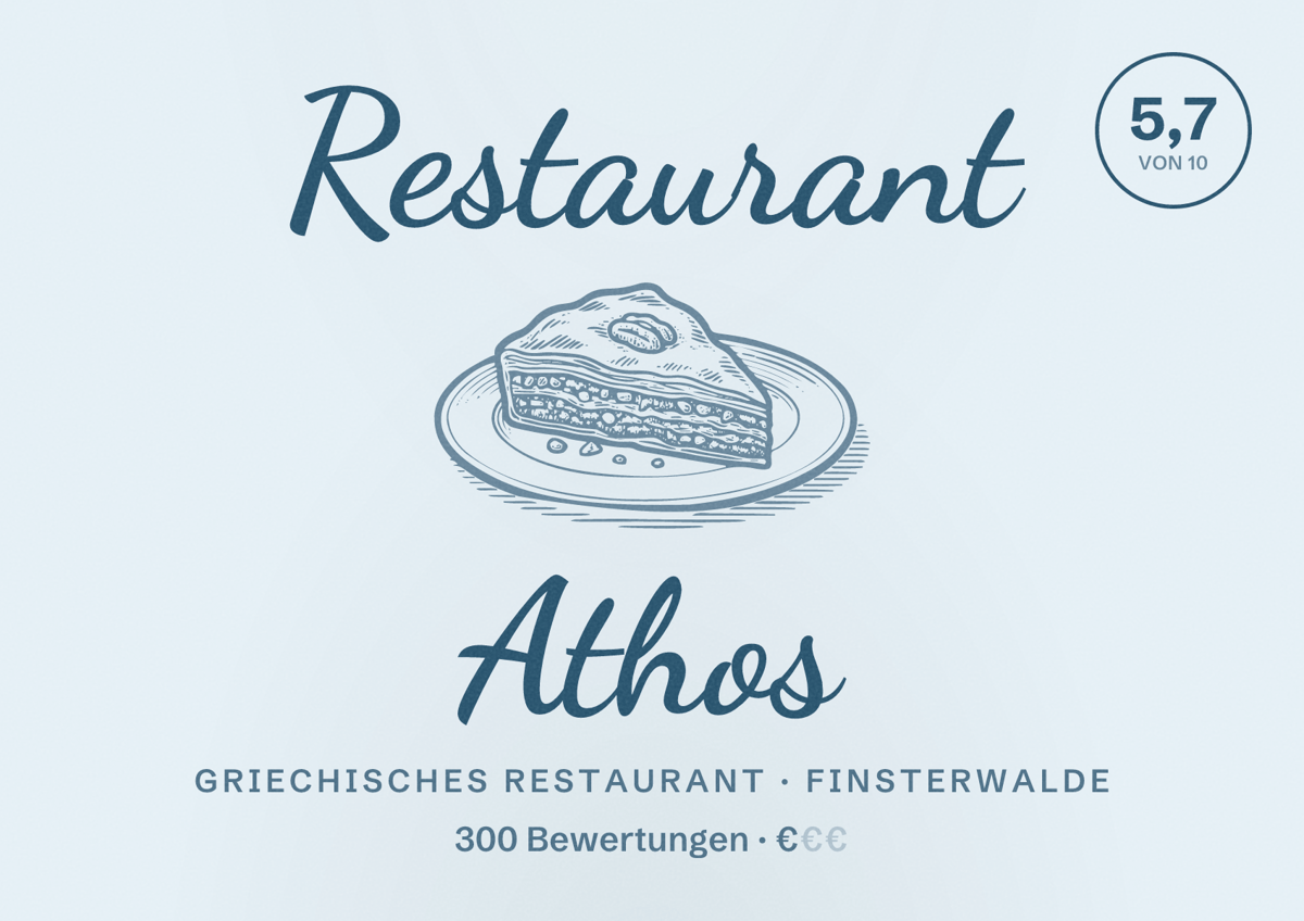 Illustriertes Poster von Restaurant Athos, Griechisches Restaurant in Finsterwalde: Bewertung 5,7 von 10 aus 300 Bewertungen, Preisniveau €