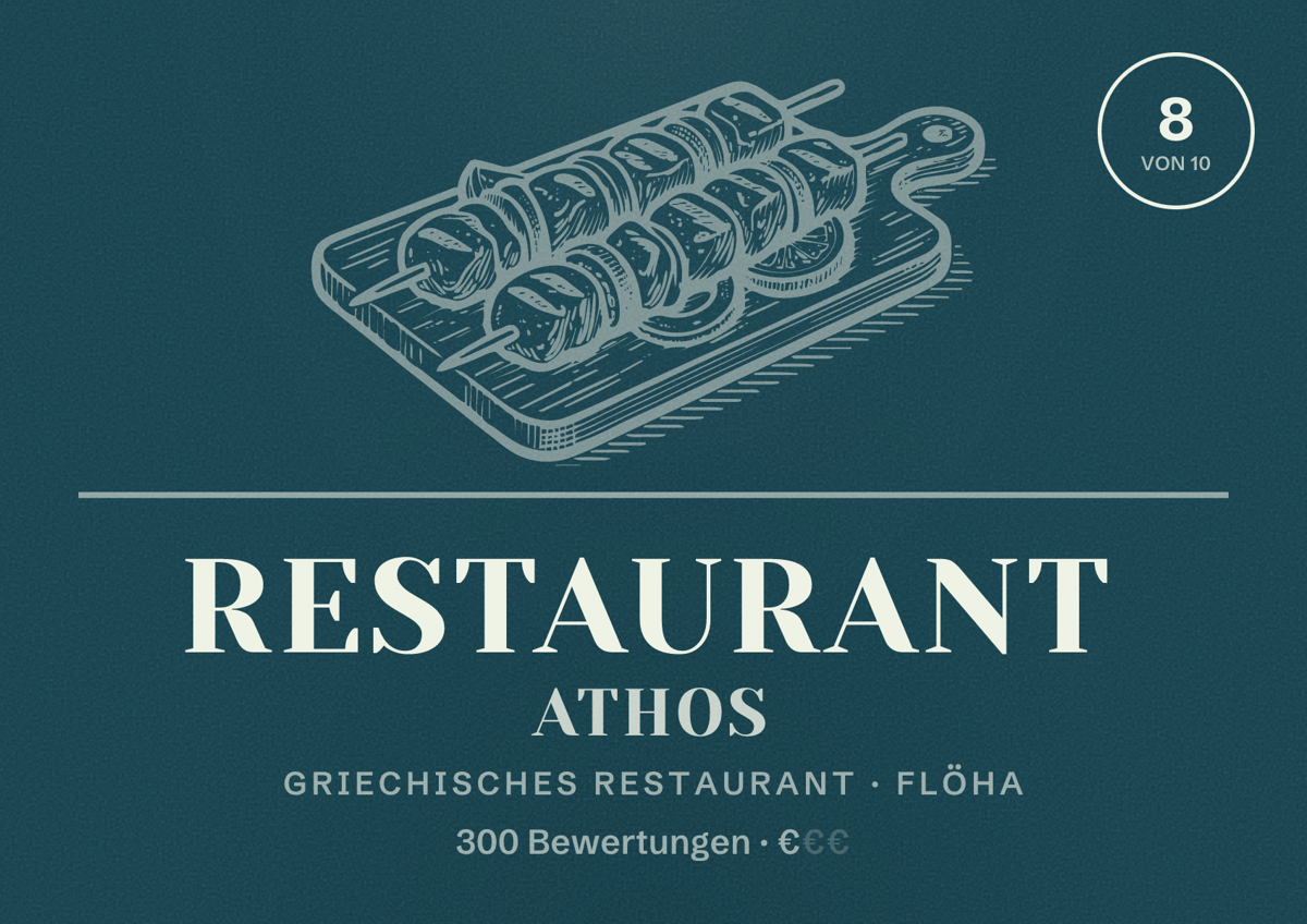 Illustriertes Poster von Restaurant ATHOS, Griechisches Restaurant in Flöha: Bewertung 8 von 10 aus 300 Bewertungen, Preisniveau €