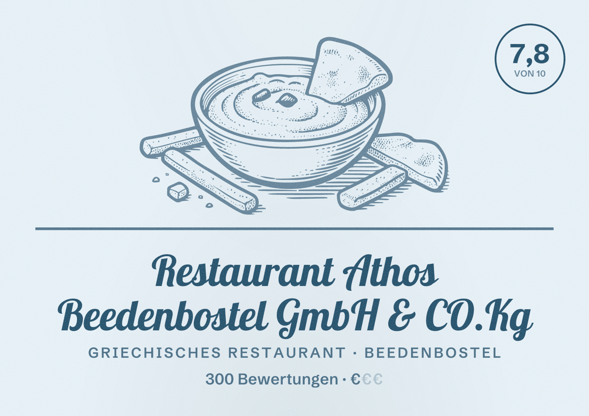 Illustriertes Poster von Restaurant Athos Beedenbostel GmbH & CO.Kg, Griechisches Restaurant in Beedenbostel: Bewertung 7,8 von 10 aus 300 Bewertungen, Preisniveau €