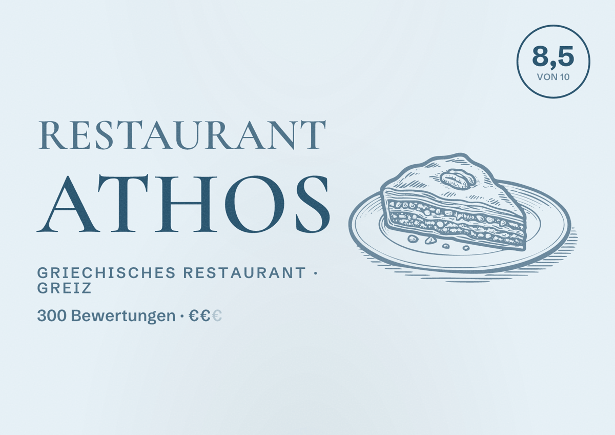Illustriertes Poster von Restaurant Athos, Griechisches Restaurant in Greiz: Bewertung 8,5 von 10 aus 300 Bewertungen, Preisniveau €€