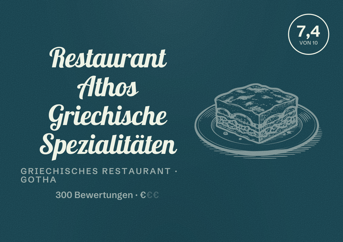 Illustriertes Poster von Restaurant Athos Griechische Spezialitäten, Griechisches Restaurant in Gotha: Bewertung 7,4 von 10 aus 300 Bewertungen, Preisniveau €