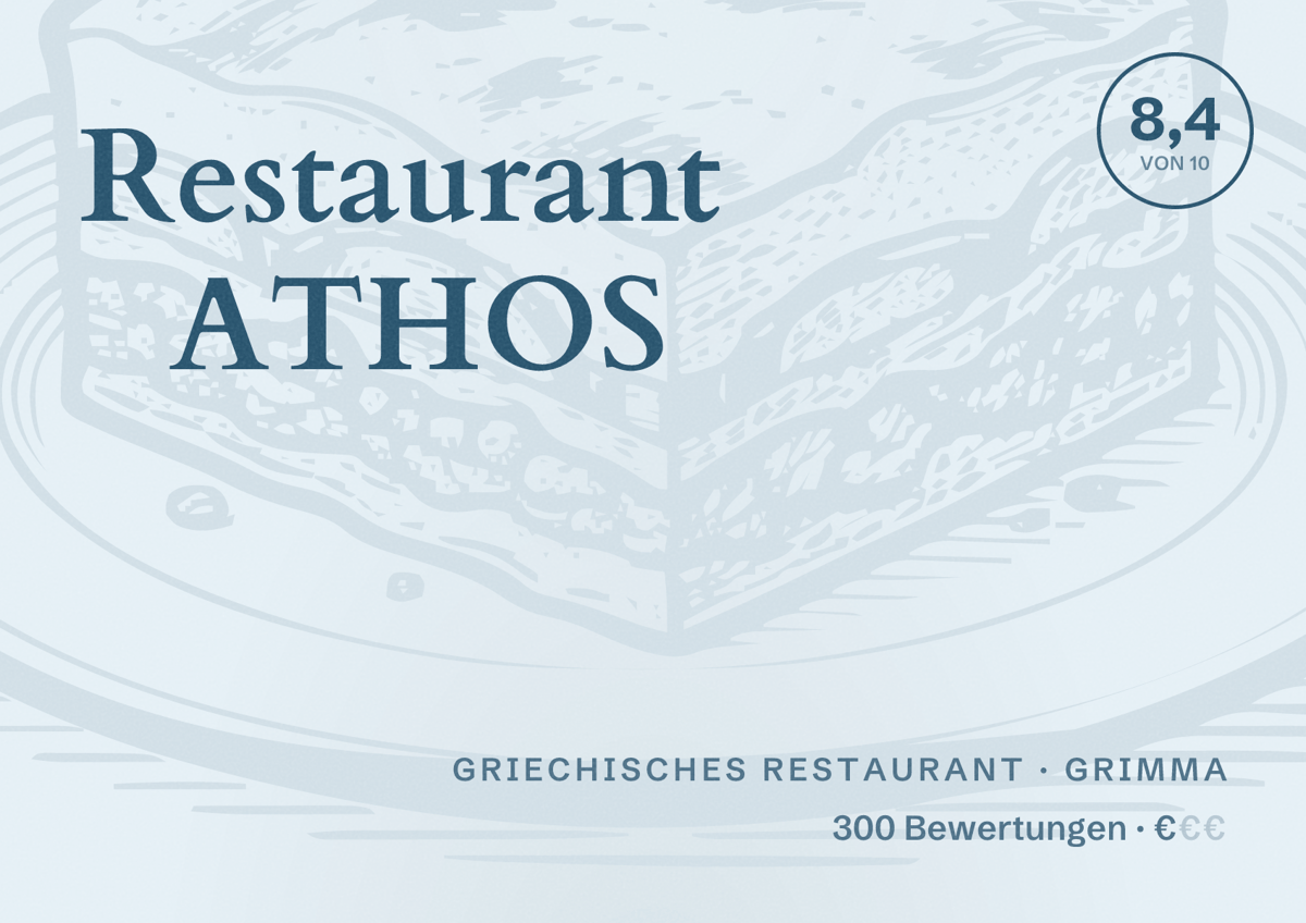 Illustriertes Poster von Restaurant ATHOS, Griechisches Restaurant in Grimma: Bewertung 8,4 von 10 aus 300 Bewertungen, Preisniveau €