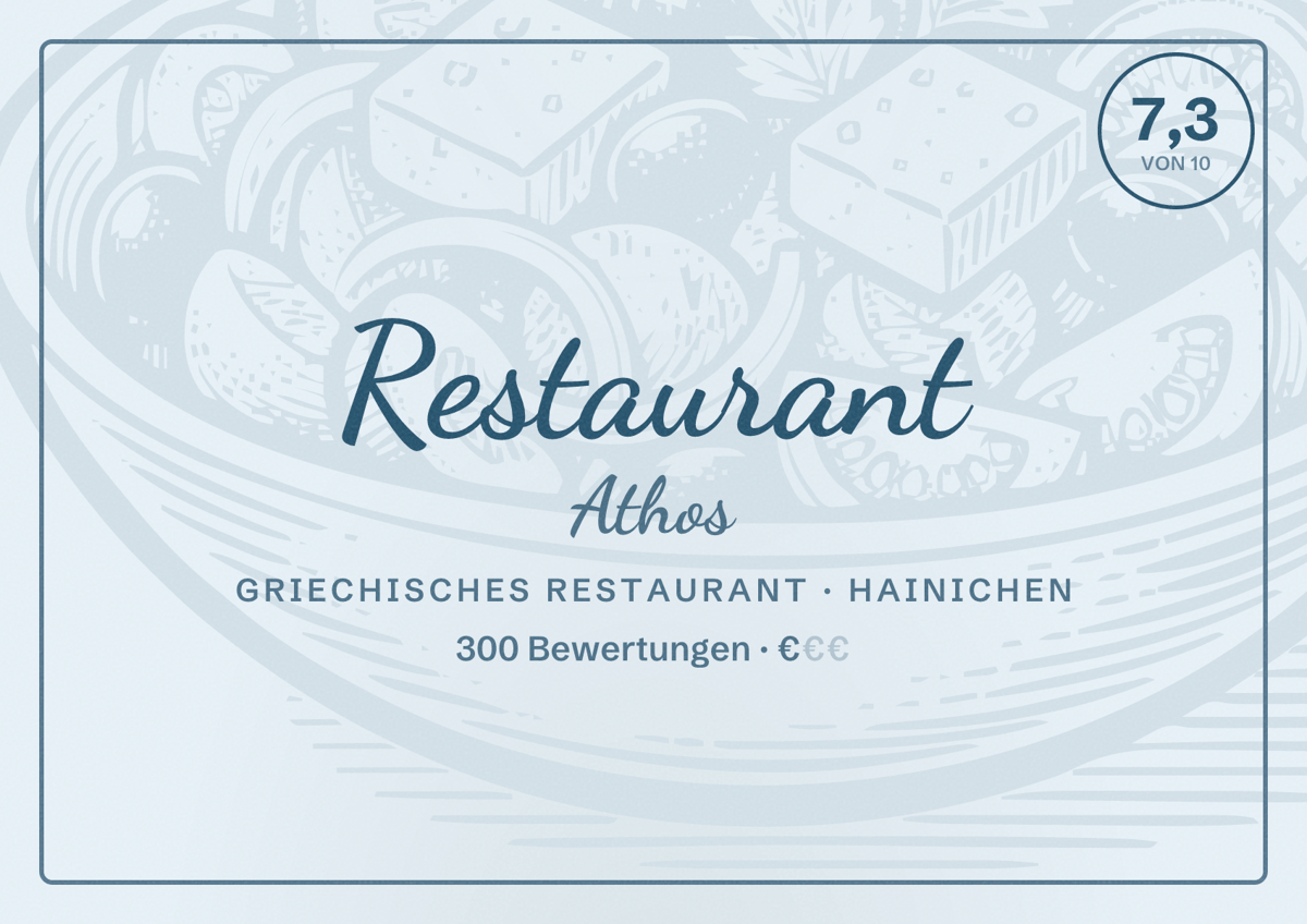 Illustriertes Poster von Restaurant Athos, Griechisches Restaurant in Hainichen: Bewertung 7,3 von 10 aus 300 Bewertungen, Preisniveau €