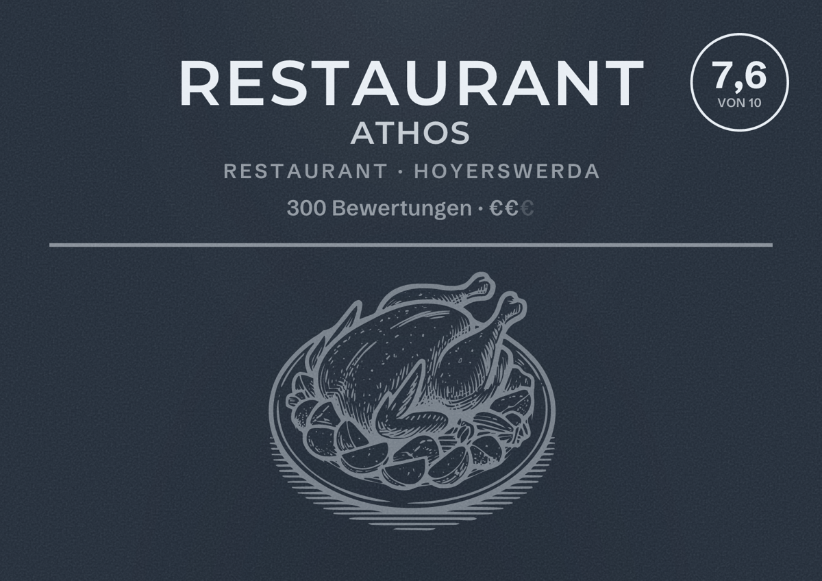 Illustriertes Poster von Restaurant Athos, Restaurant in Hoyerswerda: Bewertung 7,6 von 10 aus 300 Bewertungen, Preisniveau €€