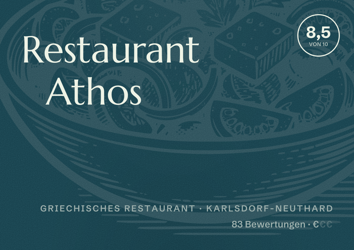 Illustriertes Poster von Restaurant Athos, Griechisches Restaurant in Karlsdorf-Neuthard: Bewertung 8,5 von 10 aus 83 Bewertungen, Preisniveau €