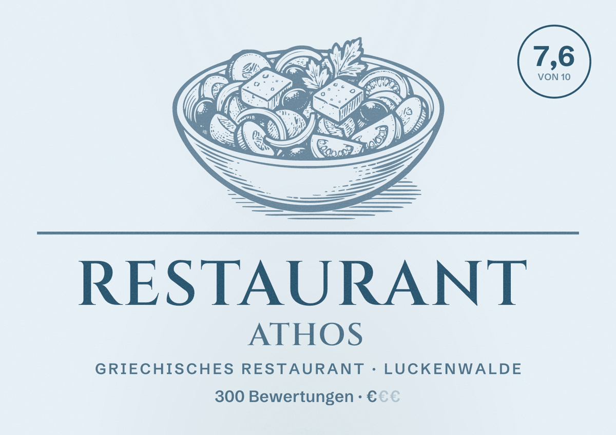 Illustriertes Poster von Restaurant Athos, Griechisches Restaurant in Luckenwalde: Bewertung 7,6 von 10 aus 300 Bewertungen, Preisniveau €