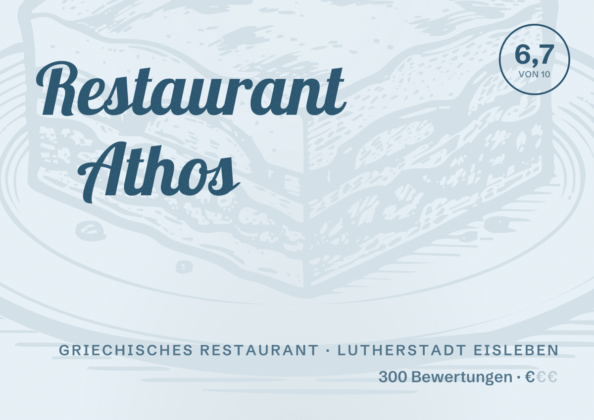 Illustriertes Poster von Restaurant Athos, Griechisches Restaurant in Lutherstadt Eisleben: Bewertung 6,7 von 10 aus 300 Bewertungen, Preisniveau €