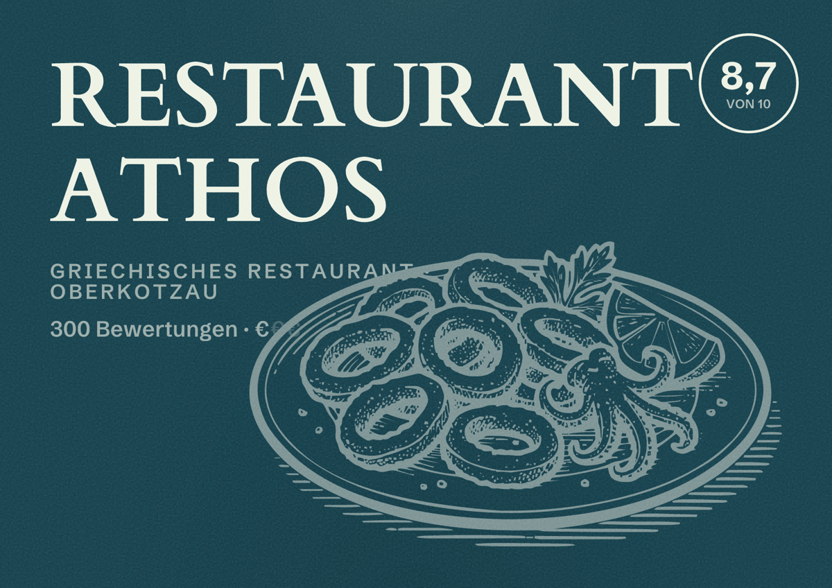 Illustriertes Poster von RESTAURANT ATHOS, Griechisches Restaurant in Oberkotzau: Bewertung 8,7 von 10 aus 300 Bewertungen, Preisniveau €